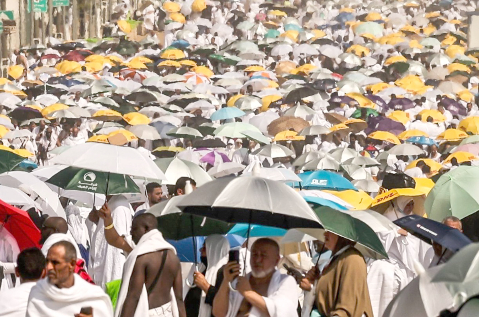 Những người tham gia cuộc hành hương hajj (Saudi Arabia) ở thánh địa Mecca dùng ô che nắng hồi giữa tháng 6 - Ảnh: AFP Những người tham gia cuộc hành hương hajj (Saudi Arabia) ở thánh địa Mecca dùng ô che nắng hồi giữa tháng 6 - Ảnh: AFP